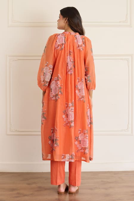 Juanita By Shubhda Saffron Floral Pattern Kurta With Pant 