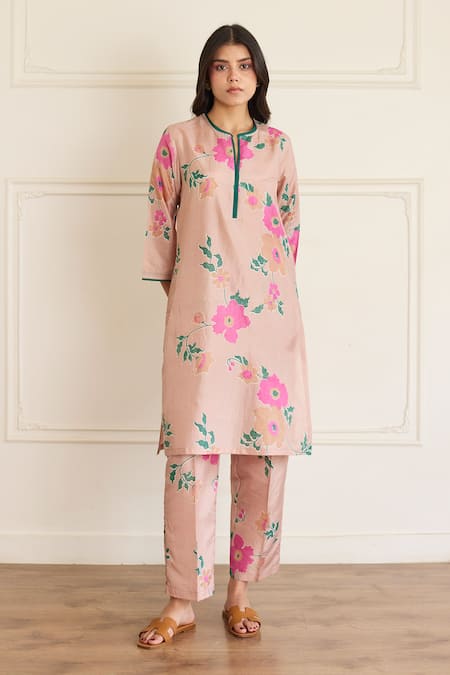 Juanita By Shubhda Pink Silk Embroidery Round Neck Toosh Printed Kurta With Pant 