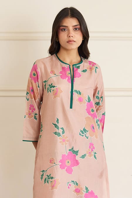 Juanita By Shubhda_Pink Silk Embroidery Round Neck Toosh Printed Kurta With Pant _Online_at_Aza_Fashions