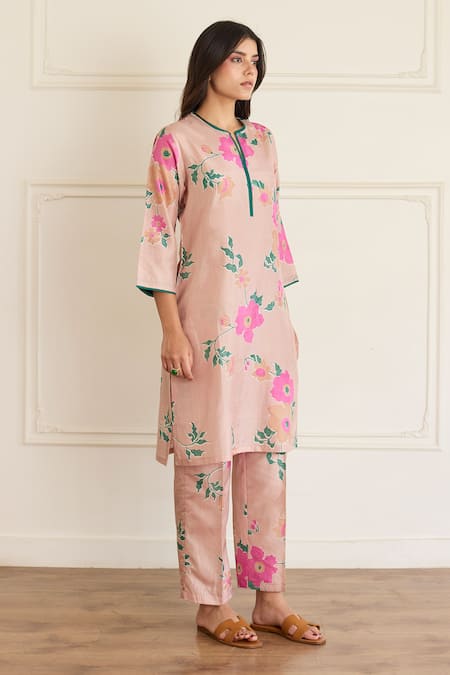 Buy_Juanita By Shubhda_Pink Silk Embroidery Round Neck Toosh Printed Kurta With Pant _Online_at_Aza_Fashions