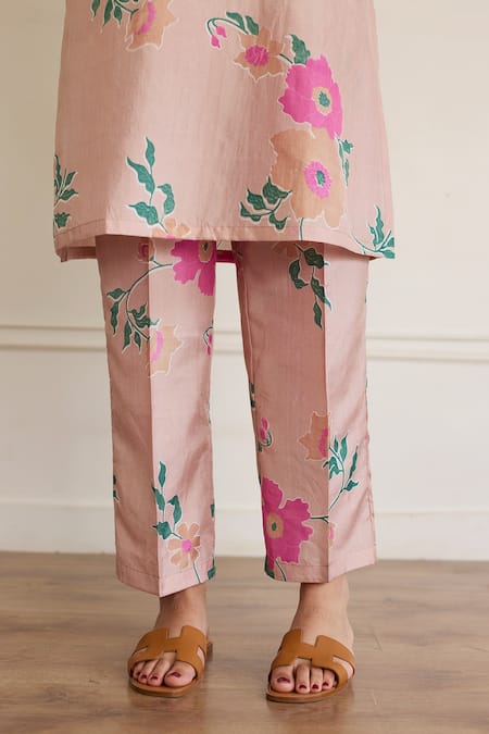Shop_Juanita By Shubhda_Pink Silk Embroidery Round Neck Toosh Printed Kurta With Pant _Online_at_Aza_Fashions