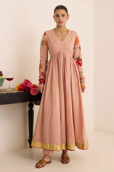 Buy_Juanita By Shubhda_Peach Cotton Embroidery V-neck Salmon Anarkali Set With Floral Pattern Dupatta _Online_at_Aza_Fashions