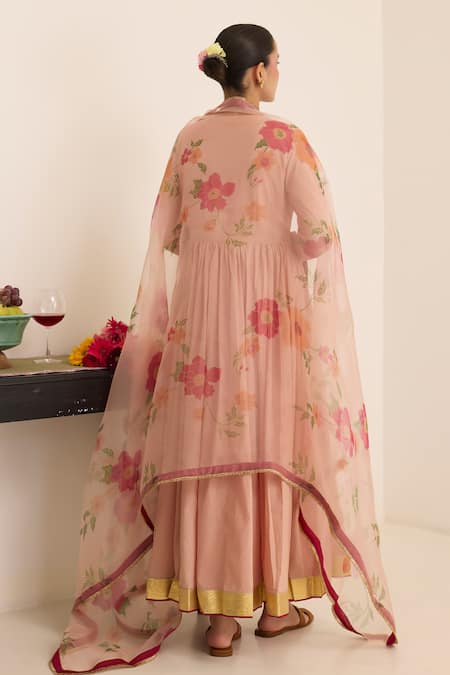 Juanita By Shubhda Salmon Anarkali Set With Floral Pattern Dupatta 