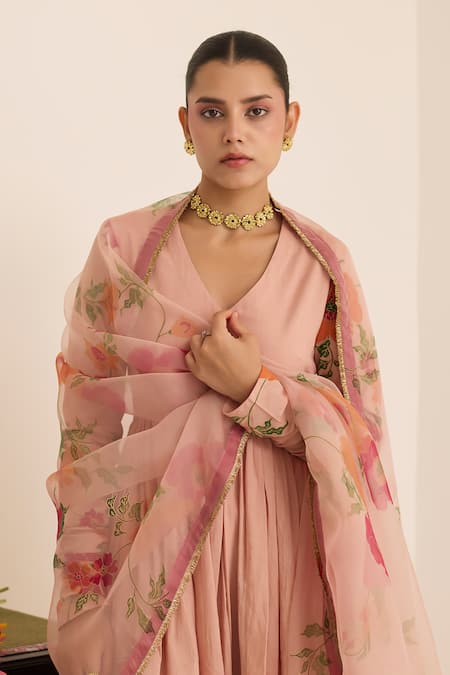 Shop_Juanita By Shubhda_Peach Cotton Embroidery V-neck Salmon Anarkali Set With Floral Pattern Dupatta _Online_at_Aza_Fashions