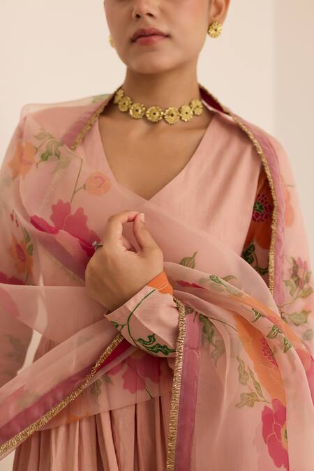 Juanita By Shubhda_Peach Cotton Embroidery V-neck Salmon Anarkali Set With Floral Pattern Dupatta _at_Aza_Fashions