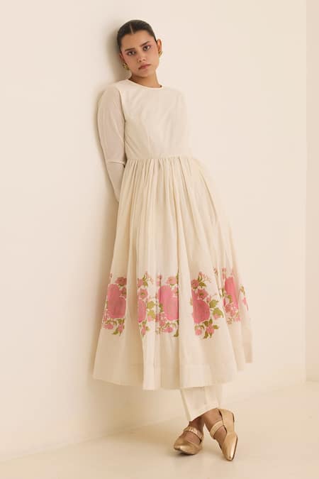 Juanita By Shubhda_Ivory Cotton Embroidery Round Neck Rani Handwoven Anarkali Set _Online_at_Aza_Fashions