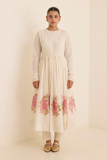 Buy_Juanita By Shubhda_Ivory Cotton Embroidery Round Neck Rani Handwoven Anarkali Set _Online_at_Aza_Fashions