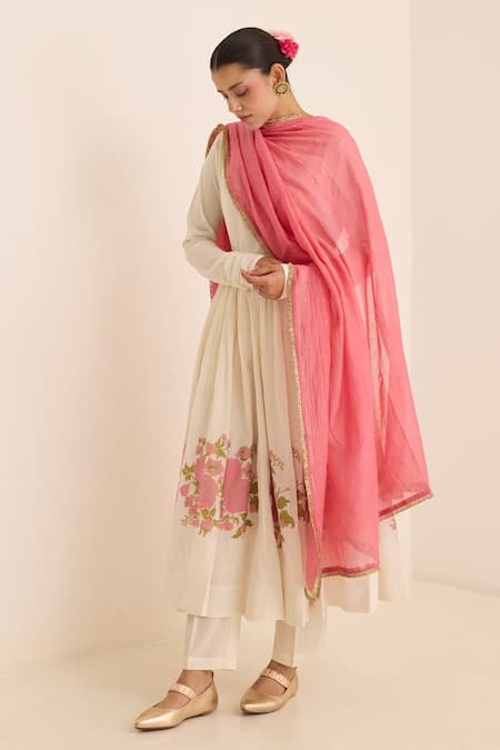 Shop_Juanita By Shubhda_Ivory Cotton Embroidery Round Neck Rani Handwoven Anarkali Set _Online_at_Aza_Fashions