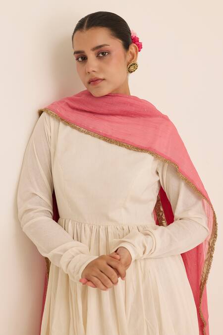 Shop_Juanita By Shubhda_Ivory Cotton Embroidery Round Neck Rani Handwoven Anarkali Set 