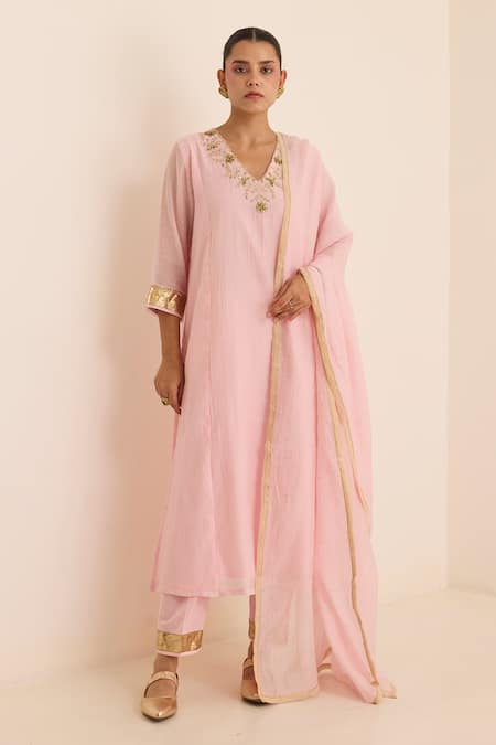 Juanita By Shubhda Pink Chanderi Embroidery, Zari, Mirrors V-neck Blush Mukaish Work Kurta Set 