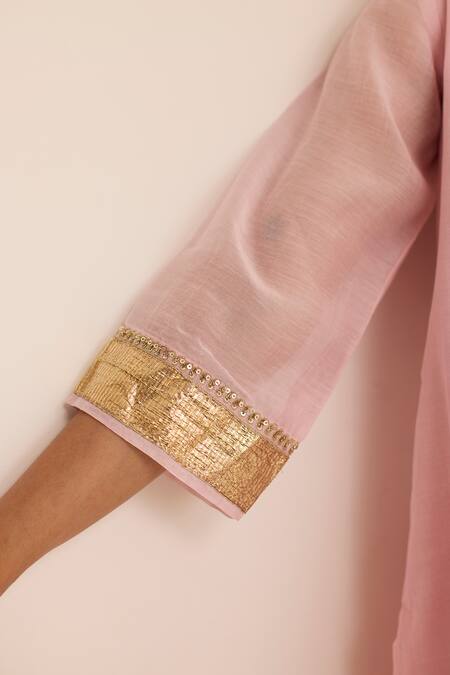 Shop_Juanita By Shubhda_Pink Chanderi Embroidery, Zari, Mirrors V-neck Blush Mukaish Work Kurta Set _Online_at_Aza_Fashions