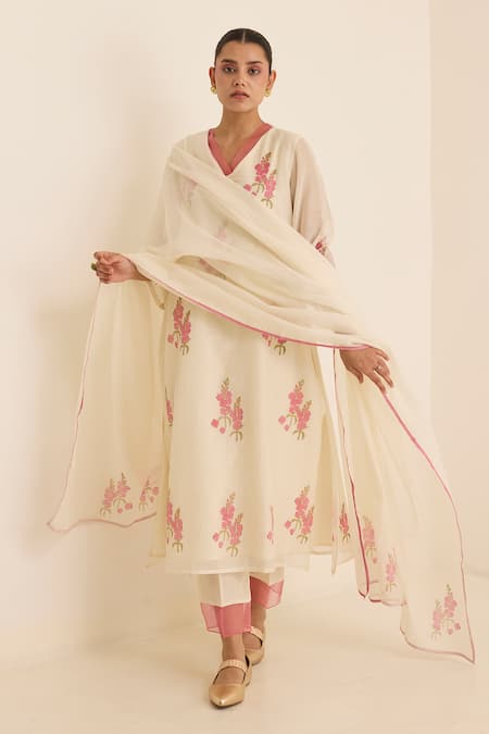 Juanita By Shubhda Ivory Chanderi Embroidery V-neck Ava Floral Print Kurta Pant Set 