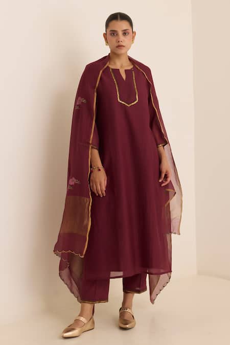 Juanita By Shubhda Maroon Chanderi Embroidery Round Neck Ivy Kurta Pant Set 