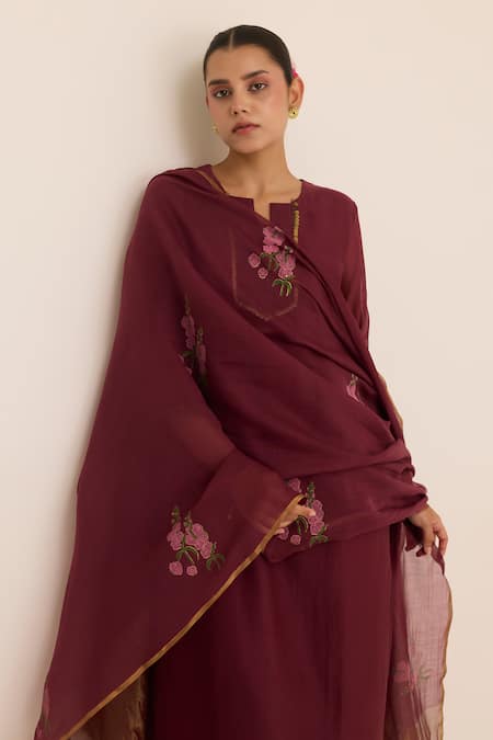 Shop_Juanita By Shubhda_Maroon Chanderi Embroidery Round Neck Ivy Kurta Pant Set _Online_at_Aza_Fashions