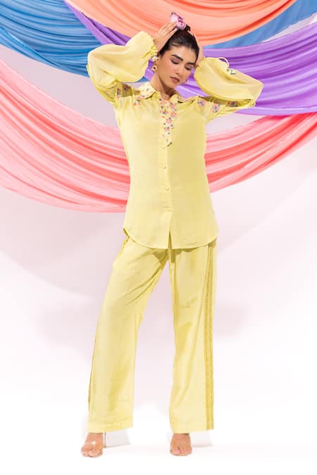 Leela By A Lime Muslin Embroidery Collared Shirt With Pant