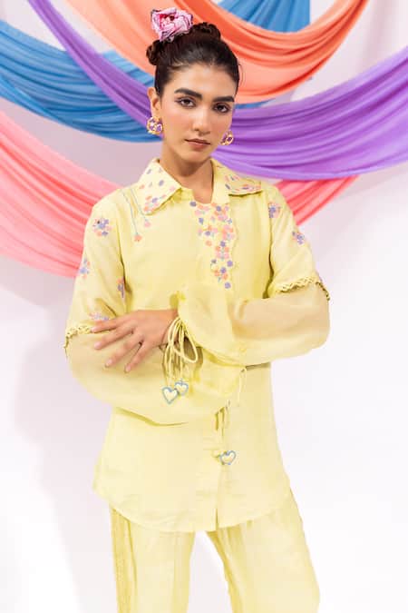 Buy_Leela By A_Lime Muslin Embroidery Collared Shirt With Pant _Online_at_Aza_Fashions