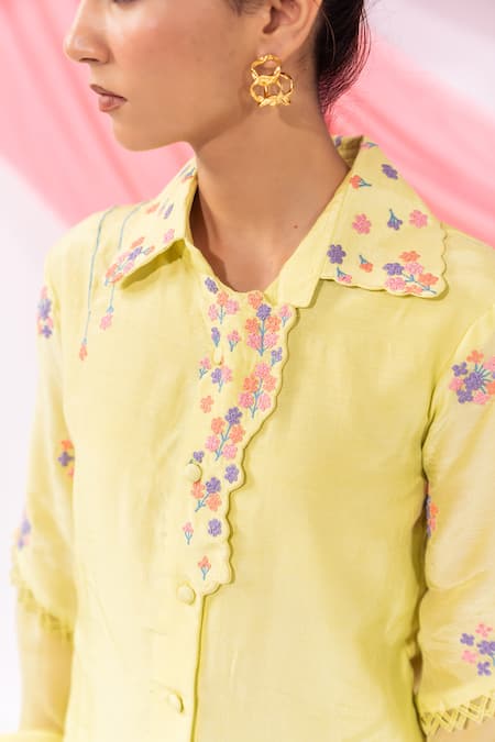 Leela By A_Lime Muslin Embroidery Collared Shirt With Pant _at_Aza_Fashions
