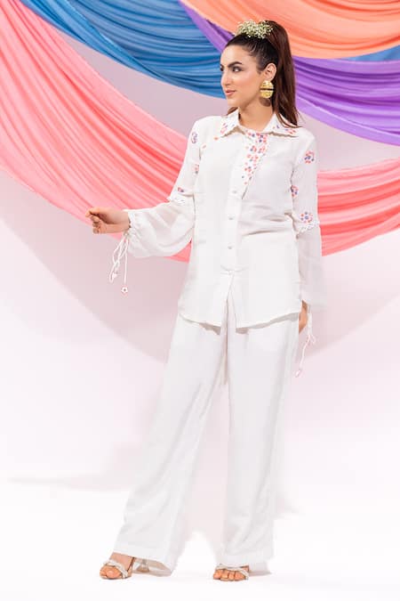 Shop_Leela By A_White Muslin Embroidery Collared Placement Shirt With Pant _Online_at_Aza_Fashions