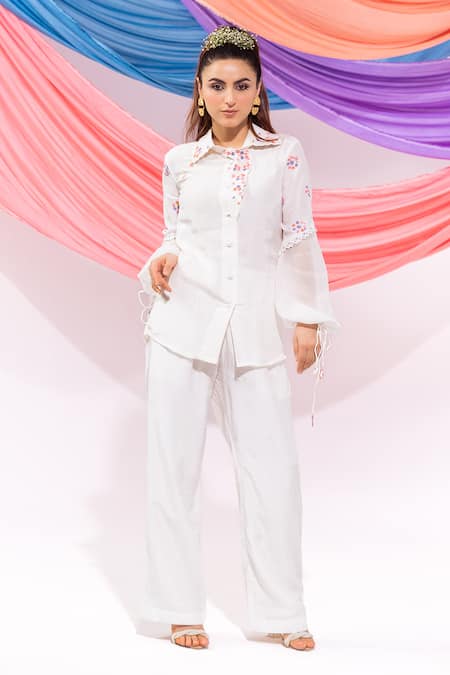 Leela By A_White Muslin Embroidery Collared Placement Shirt With Pant _at_Aza_Fashions