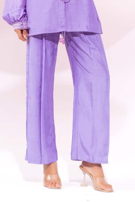 Leela By A_Purple Muslin Embroidery Collared Shirt With Pant _Online_at_Aza_Fashions