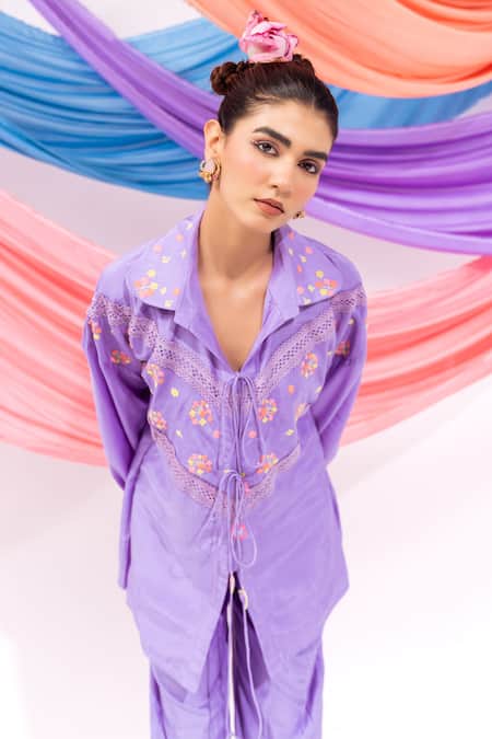 Buy_Leela By A_Purple Muslin Embroidery Collared Shirt With Pant _Online_at_Aza_Fashions