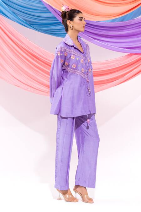 Shop_Leela By A_Purple Muslin Embroidery Collared Shirt With Pant _Online_at_Aza_Fashions