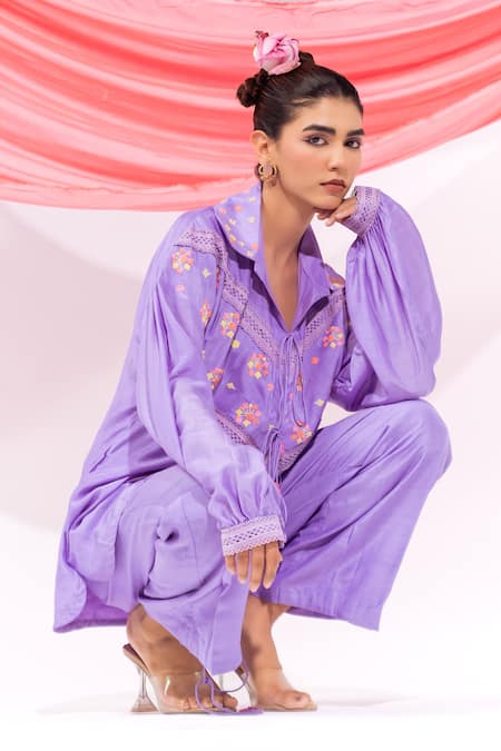 Leela By A_Purple Muslin Embroidery Collared Shirt With Pant _at_Aza_Fashions