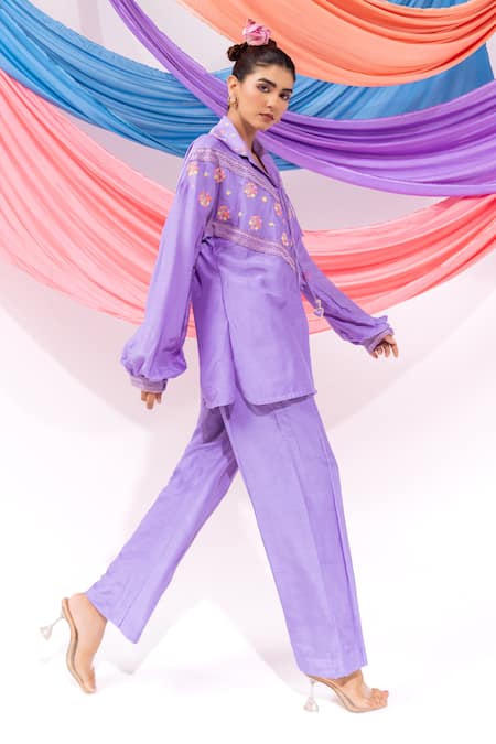 Buy_Leela By A_Purple Muslin Embroidery Collared Shirt With Pant 