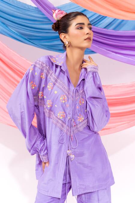 Shop_Leela By A_Purple Muslin Embroidery Collared Shirt With Pant 