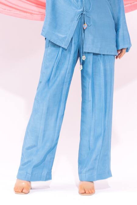 Leela By A_Blue Muslin Embroidery, Lace Collared Floral Shirt With Pant _Online_at_Aza_Fashions