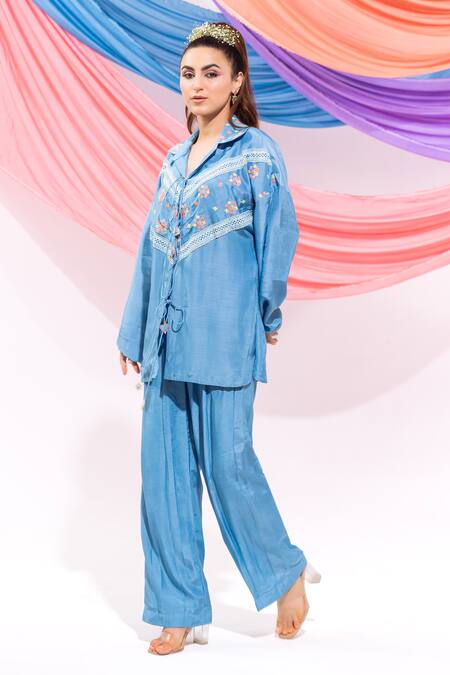 Buy_Leela By A_Blue Muslin Embroidery, Lace Collared Floral Shirt With Pant _Online_at_Aza_Fashions