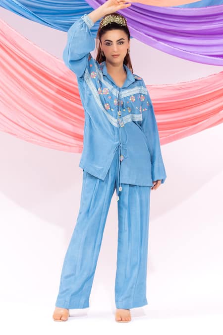 Leela By A Blue Muslin Embroidery, Lace Collared Floral Shirt With Pant 