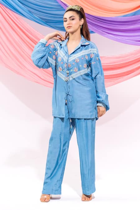 Shop_Leela By A_Blue Muslin Embroidery, Lace Collared Floral Shirt With Pant _Online_at_Aza_Fashions