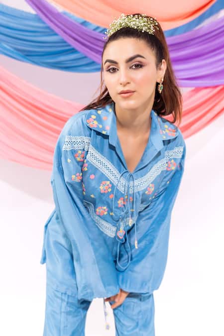 Leela By A_Blue Muslin Embroidery, Lace Collared Floral Shirt With Pant _at_Aza_Fashions
