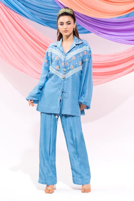 Buy_Leela By A_Blue Muslin Embroidery, Lace Collared Floral Shirt With Pant 