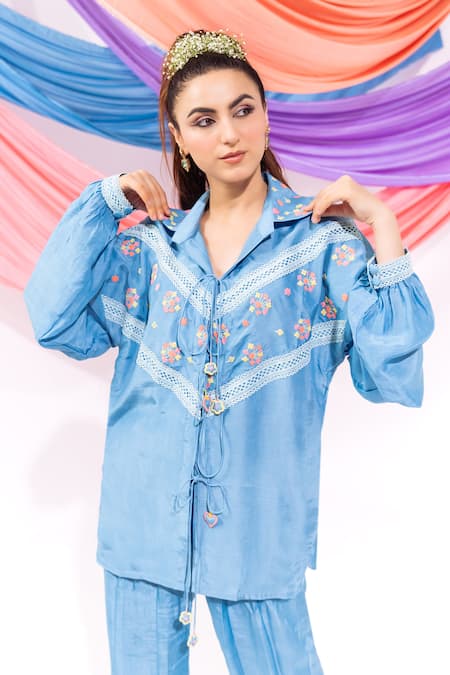 Shop_Leela By A_Blue Muslin Embroidery, Lace Collared Floral Shirt With Pant 
