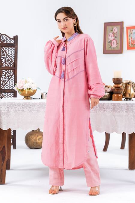Shop_Leela By A_Pink Muslin Tassels, Embroidery Round Neck Placement Kurta With Pant _Online_at_Aza_Fashions