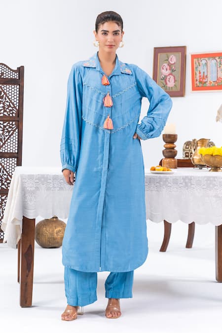 Leela By A Blue Muslin Tassels, Embroidery Collared Work Kurta With Pant 