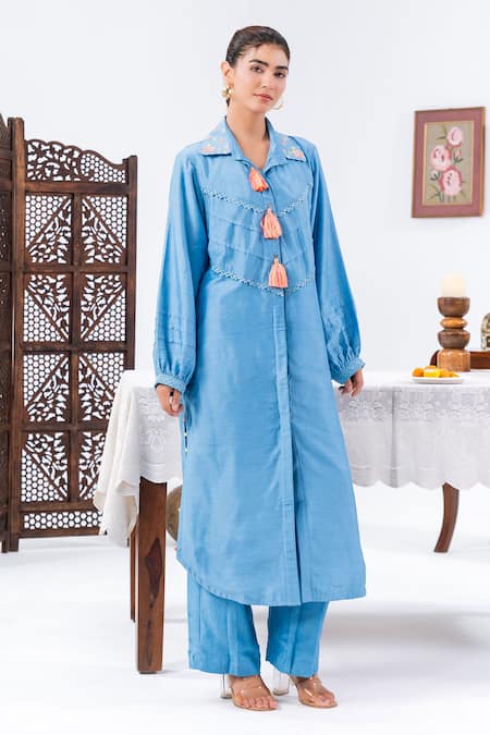 Leela By A_Blue Muslin Tassels, Embroidery Collared Work Kurta With Pant _Online_at_Aza_Fashions