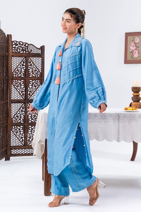 Shop_Leela By A_Blue Muslin Tassels, Embroidery Collared Work Kurta With Pant _Online_at_Aza_Fashions