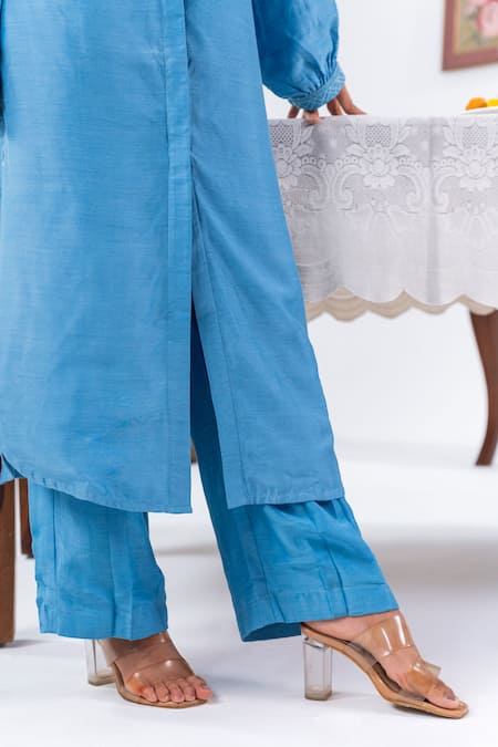 Leela By A_Blue Muslin Tassels, Embroidery Collared Work Kurta With Pant _at_Aza_Fashions