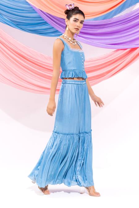Leela By A Blue Muslin, Satin, Chiffon Embroidery Square Neck Dori Work Top With Skirt Online at Aza Fashions Leela By A_Blue Muslin, Satin, Chiffon Embroidery Square Neck Dori Work Top With Skirt_Online_at_Aza_Fashions