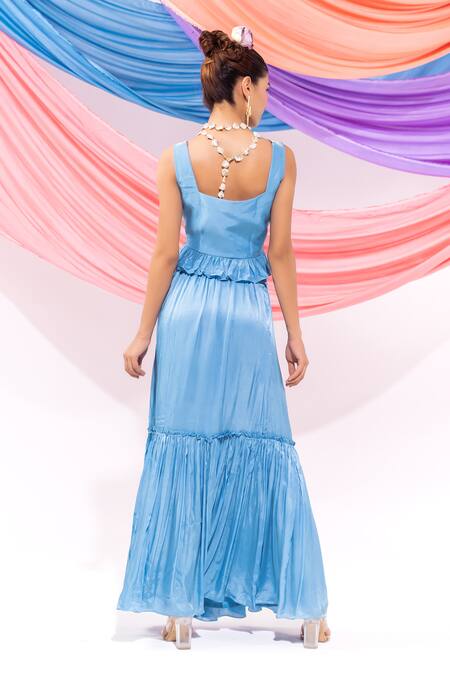 Shop Leela By A Blue Muslin, Satin, Chiffon Embroidery Square Neck Dori Work Top With Skirt at Aza Fashions Shop_Leela By A_Blue Muslin, Satin, Chiffon Embroidery Square Neck Dori Work Top With Skirt_at_Aza_Fashions