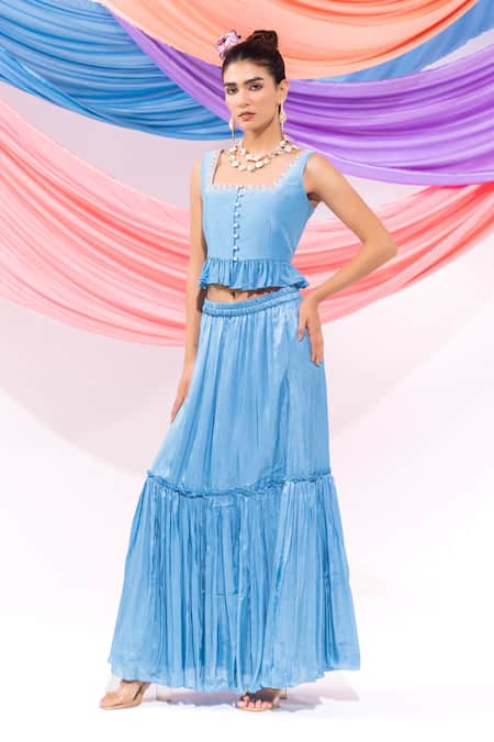 Buy Leela By A Blue Muslin, Satin, Chiffon Embroidery Square Neck Dori Work Top With Skirt Online at Aza Fashions Buy_Leela By A_Blue Muslin, Satin, Chiffon Embroidery Square Neck Dori Work Top With Skirt_Online_at_Aza_Fashions