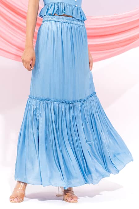 Leela By A Blue Muslin, Satin, Chiffon Embroidery Square Neck Dori Work Top With Skirt at Aza Fashions Leela By A_Blue Muslin, Satin, Chiffon Embroidery Square Neck Dori Work Top With Skirt_at_Aza_Fashions