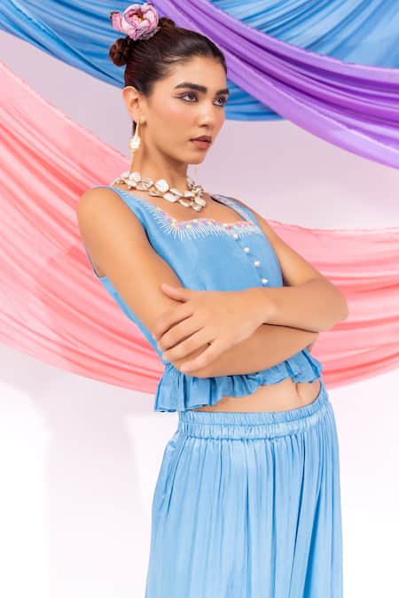 Buy Leela By A Blue Muslin, Satin, Chiffon Embroidery Square Neck Dori Work Top With Skirt Buy_Leela By A_Blue Muslin, Satin, Chiffon Embroidery Square Neck Dori Work Top With Skirt