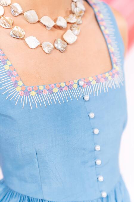 Shop Leela By A Blue Muslin, Satin, Chiffon Embroidery Square Neck Dori Work Top With Skirt Shop_Leela By A_Blue Muslin, Satin, Chiffon Embroidery Square Neck Dori Work Top With Skirt