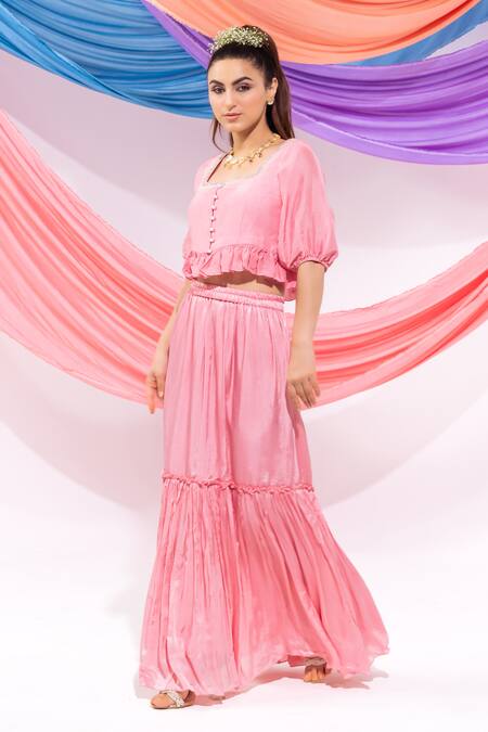 Buy_Leela By A_Pink Muslin, Chiffon, Satin Square Neck Dori Work Top With Skirt _Online_at_Aza_Fashions