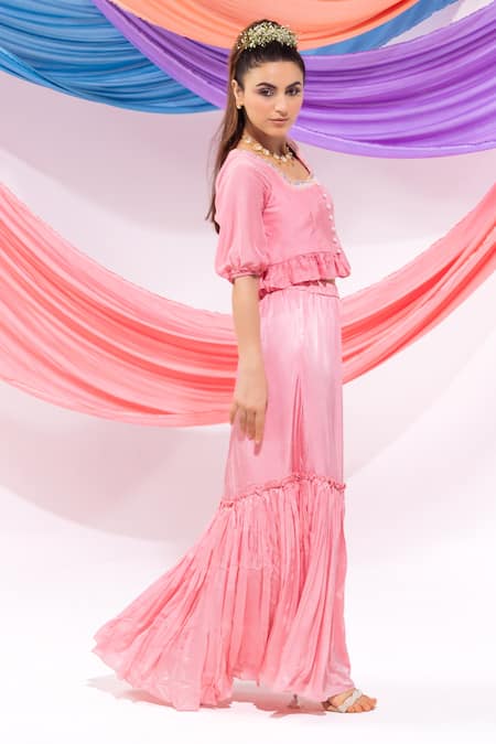 Shop_Leela By A_Pink Muslin, Chiffon, Satin Square Neck Dori Work Top With Skirt _Online_at_Aza_Fashions