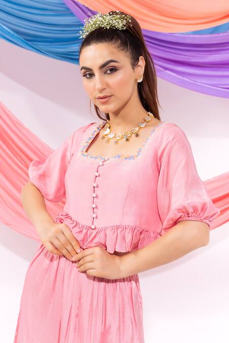 Leela By A_Pink Muslin, Chiffon, Satin Square Neck Dori Work Top With Skirt _at_Aza_Fashions